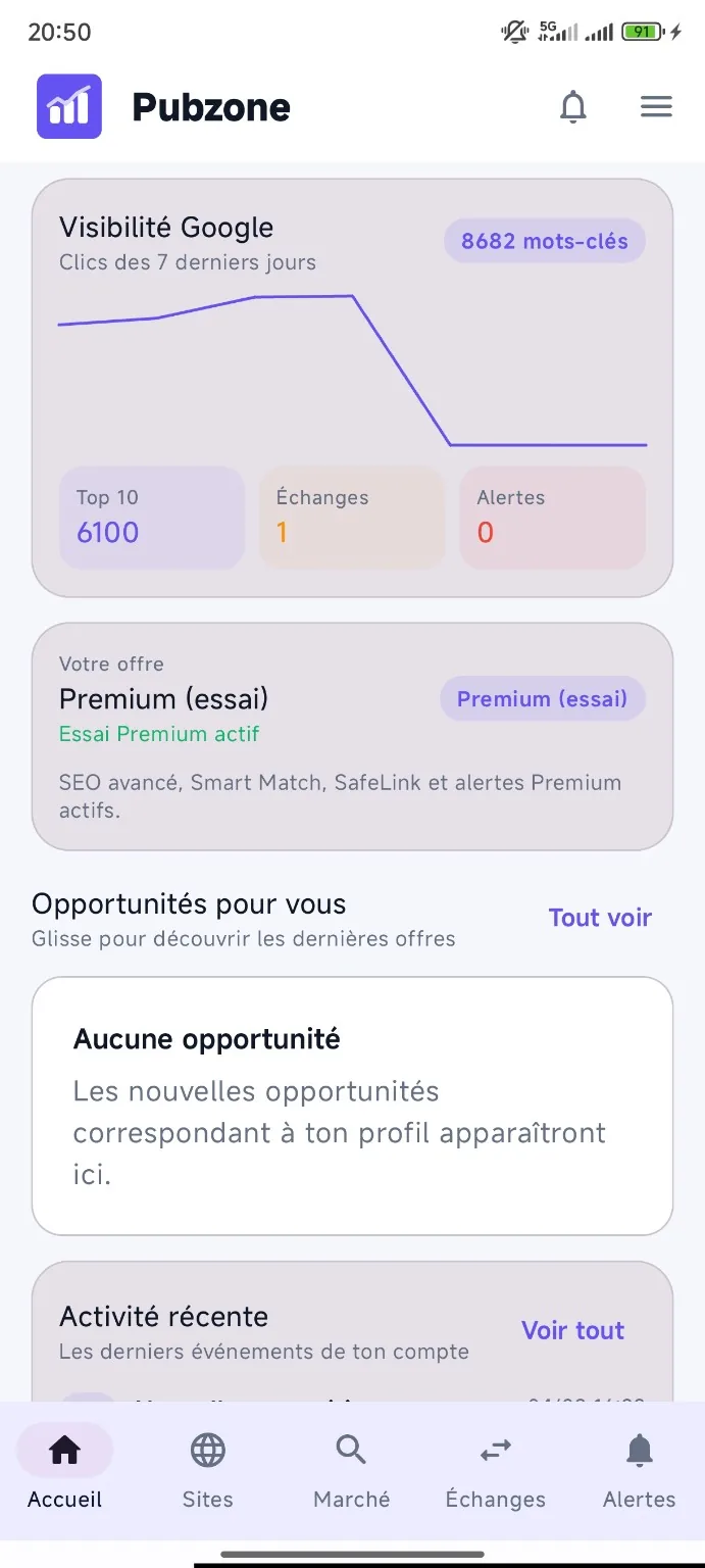 Visibilité Google dans l'application Pubzone Android