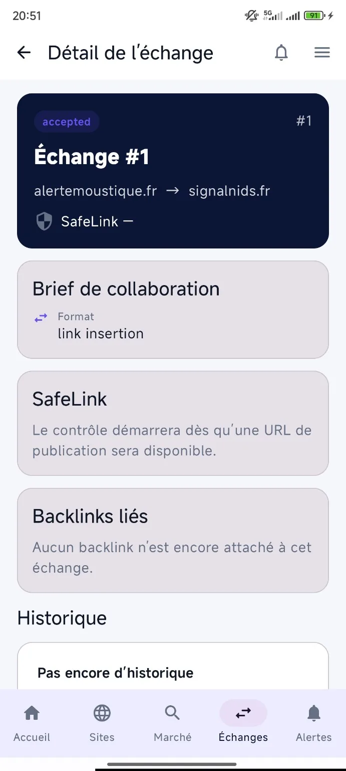 Détail d'un échange de backlinks Pubzone