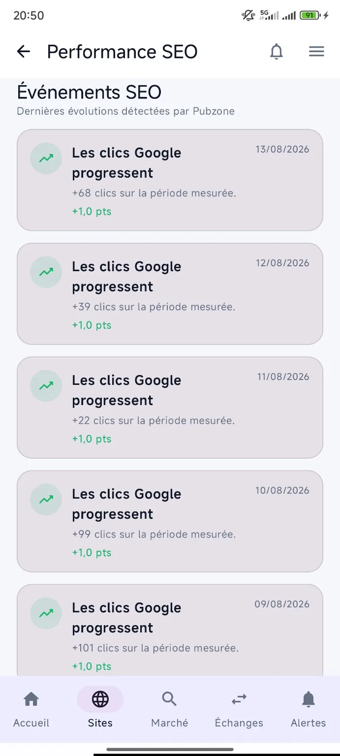 Impressions dans l'application Pubzone Android